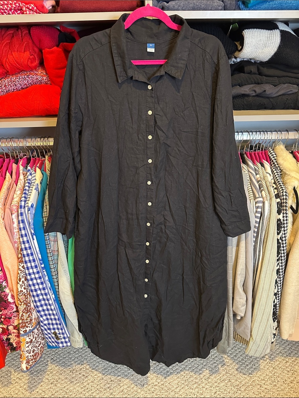 Old Navy black long sleeve 2 pocket curved hem midi shirt dress size XL